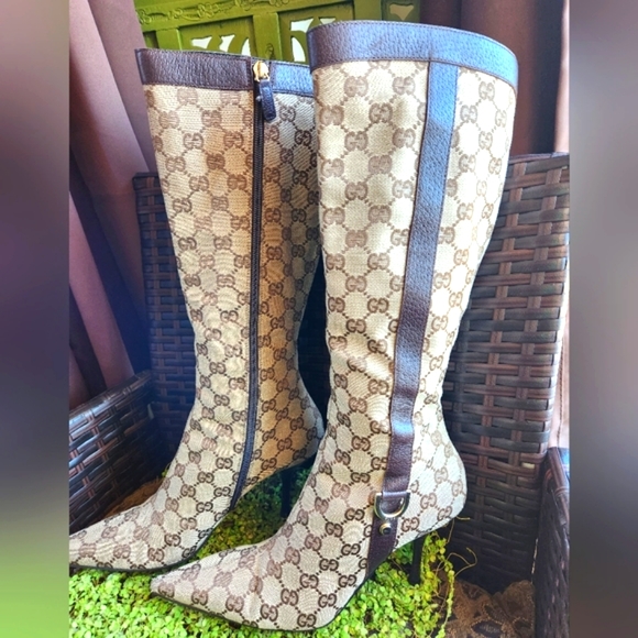 GUCCI Tan GG Canvas Monogram Side Rings Leather Luxury Heels Y2k Pointy Boots 39 - Picture 3 of 13